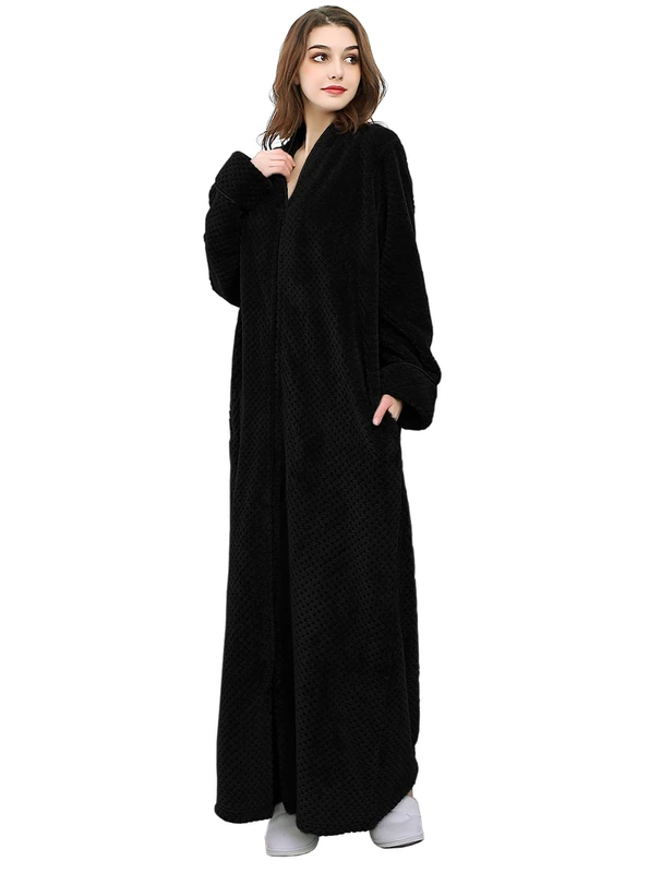 Hellomamma Womens Robes Warm Plush Winter Robe, Zip up Long Fleece Bath Robes Female, Zipper Bathrobes for Women, Black, Medium