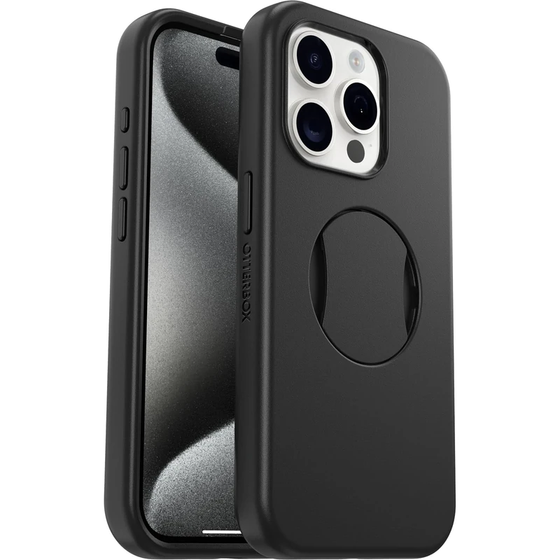 OtterBox OtterGrip Symmetry Case for iPhone 15 Pro for MagSafe, Drop Proof, Protective Case with Built-In Grip, 3x Tested to Military Standard, Black, 77-93133