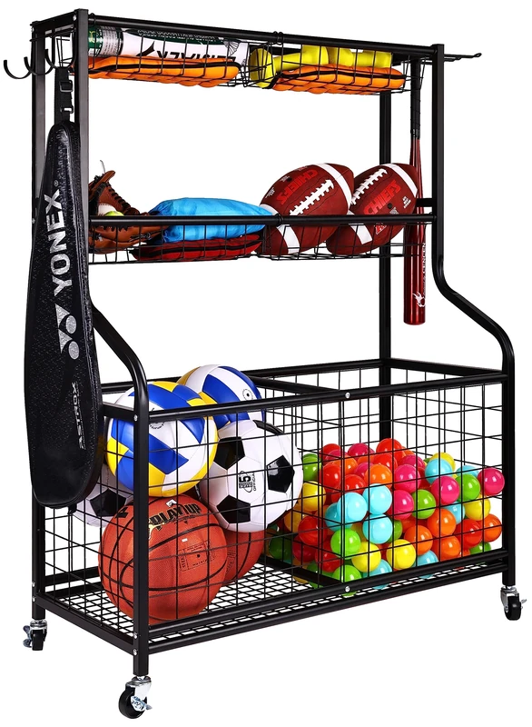 Fitvids Signature Fitness Garage Sports Equipment Organizer, 3-Tier with Large Base, Black, Steel, Sports Gear Storage, Garage Organizer with Baskets and Hooks, Rolling Sports Ball Storage Cart