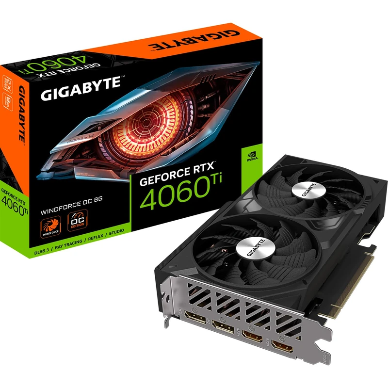 Gigabyte NVIDIA GeForce RTX 4060 Ti WINDFORCE OC Graphics Card - 8GB GDDR6, 128-bit, PCI-E 4.0, 2550MHz Core Clock, 2x DP 1.4, 2x HDMI 2.1a, NVIDIA DLSS 3 - GV-N406TWF2OC-8GD