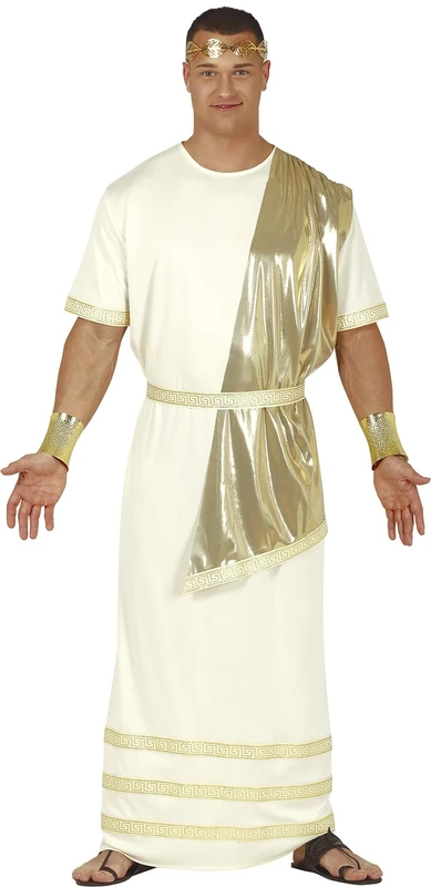 FIESTAS GUIRCA Men's Greek God Costume – Roman Robe Gold and White – Greek Costume – Men's Size M 48-50