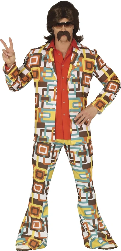FIESTAS GUIRCA Groovy Disco Mens Fancy Dress Costume - 70s Mens Outfit - 60s Hippie Flared Trousers Suit Fancy Dress Men Size S 36-38