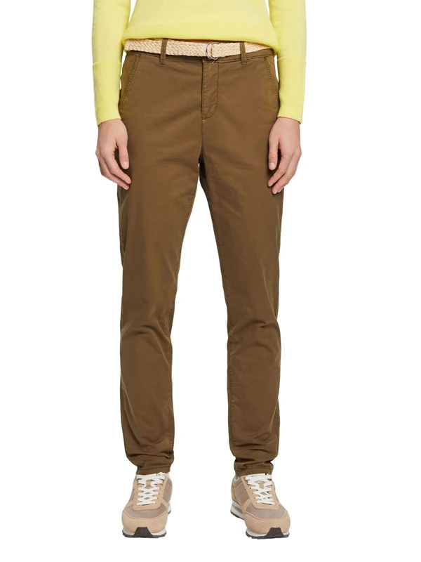 ESPRIT Chino Trousers with Belt, Khaki Green, 32W x 32L
