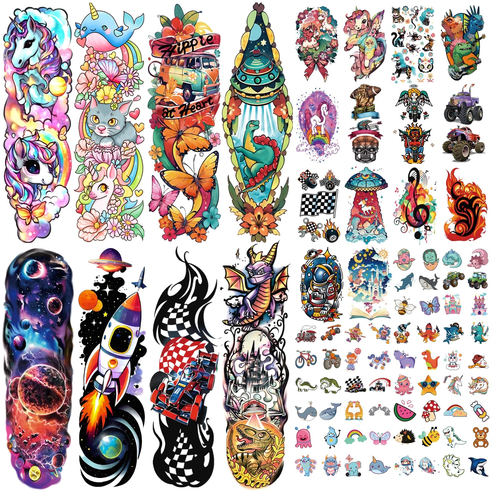 52 Pcs Temporary Tattoo for Kids Full Arm Castle Butterfly Cat Truck Dinosaur Rocket Planet Cute Animal Body Face Fake Arm Tattoos for Girls Boys Tiny Tattoo Stickers Birthday Gifts Party Supplies