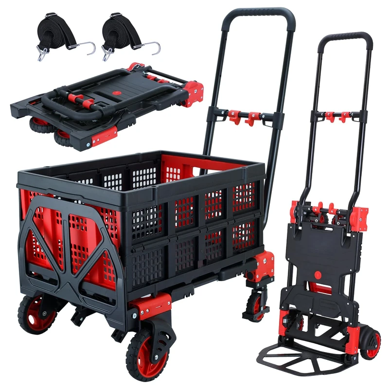 2 in 1 Folding Hand Truck Dolly with Basket,330LBS Capacity Hand Cart Foldable,Hand Truck Foldable Dolly with Retractable Handle,Folding Dolly Cart with Wheels,Collapsible Dolly for Moving