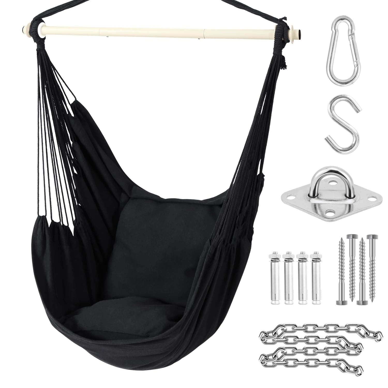 Ohuhu Hanging Chair Swing Chair with Hanging Kit, Extra Comfortable XL Portable Hammock Chair with 2 Cushions Metal Support Bar Side Pocket for Indoor Outdoor Bedroom Patio, Black