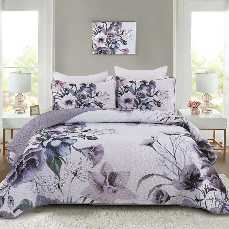 Drucon 3 Pieces Floral Quilt Set Full Purple Flower Pattern Quilt Coverlet Set Soft Microfiber Lightweight Boho Purple Floral Quilted Bedspread for All Season 80"x90"