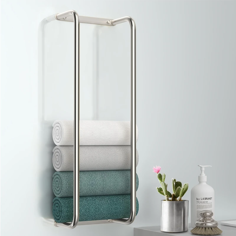 Stainless Steel Wall-Mounted Bathroom Towel Rack and Organizer for Rolled Towels, Ideal for Modern Small Bathrooms with Limited Space, Sleek and Chic Sliver Design.
