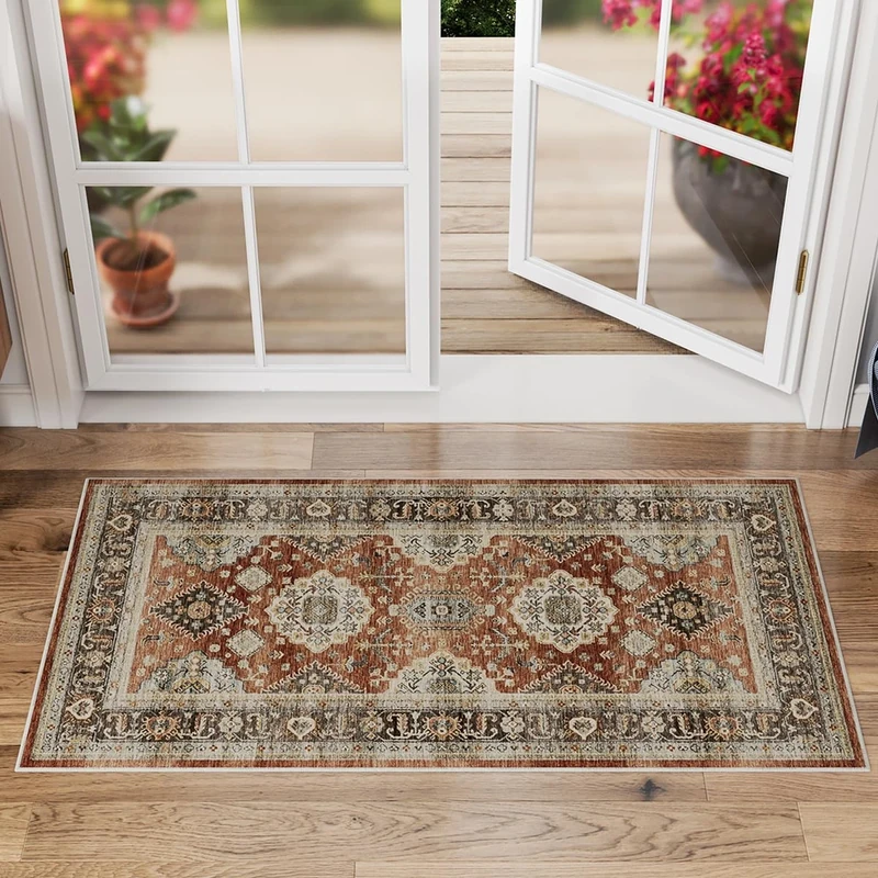 Dripex Washable Mat for Entryway 60x110cm, Red Vintage Rug for Front Back Door, Short Pile, Machine Washable Kitchen Non Slip Bath Rug for Bathroom