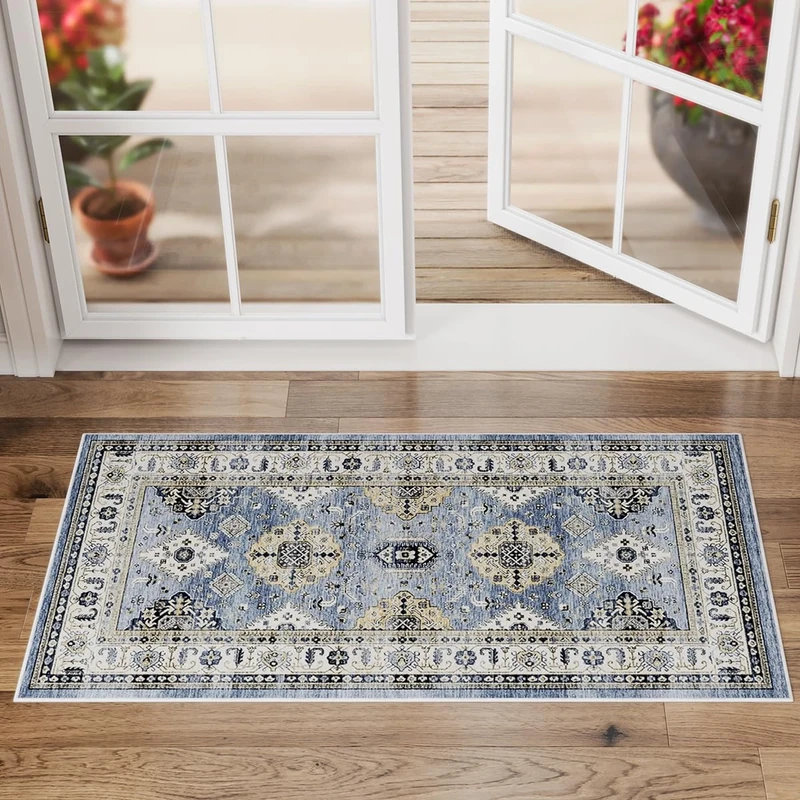 Dripex Washable Entryway Mat 60x110cm, Blue Vintage Rug for Front Door, Machine Washable Non Slip Bath Rug