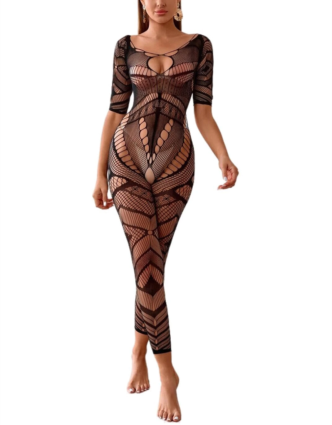 Bommi Fairy Women Sexy Crotchless Underwear Hollow Lingerie Bodysuit Babydoll Striped Mesh Teddy Sleepwear Half-Sleeves Bodystocking (Black)