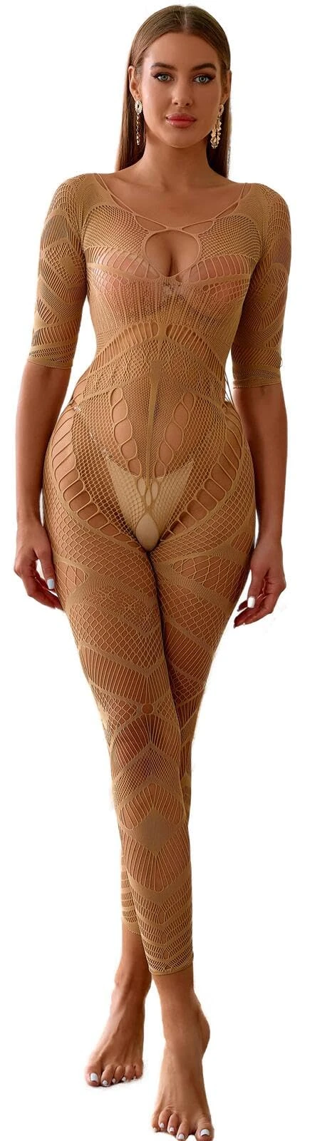 Bommi Fairy Women Sexy Crotchless Underwear Hollow Lingerie Bodysuit Babydoll Striped Mesh Teddy Sleepwear Half-Sleeves Bodystocking (Almond)