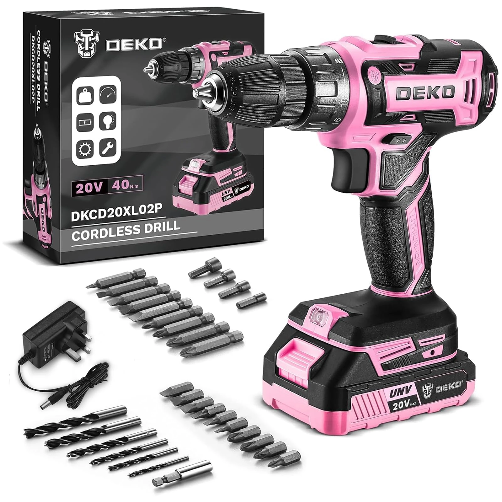 Power Drill Cordless: DEKOPRO Pink Cordless Drill 20V Electric Power Set Tool for Women Drills with Battery and Charger Drills Driver Kit