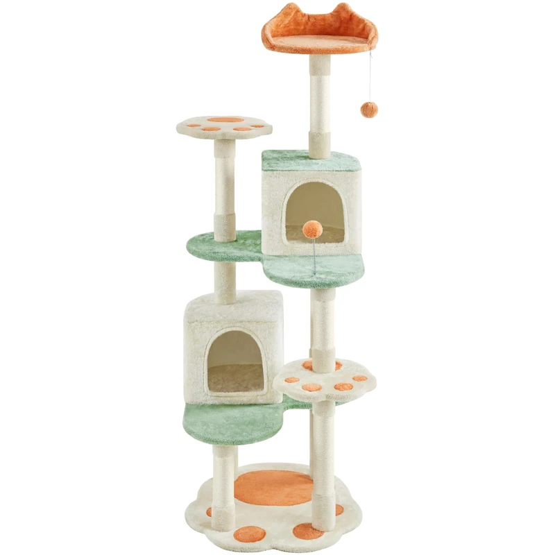 Yaheetech Cat Tree, 165cm Cat Tower for Indoor Cats, Cat Climbing Frame with Cat Paw Perches, Cozy Condos, Heart-Shaped Platform, Spring Ball & Hanging Ball, Scratching Posts
