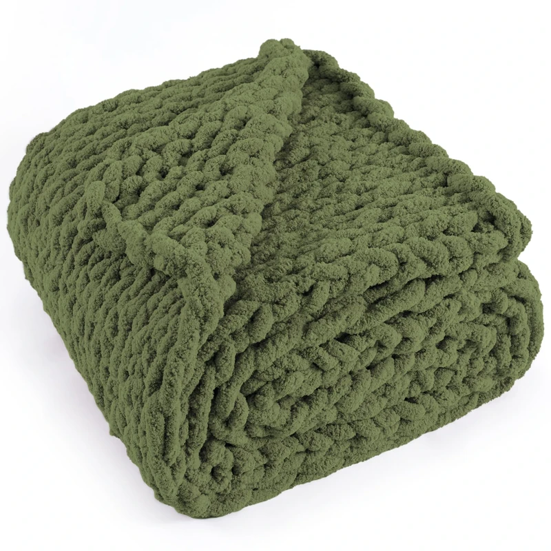 LONG CREATE Chunky Knit Throw Blanket 50"X 60", 100% Handmade with Soft Chenille Yarn, 4.4lbs Thick Cable Knitted Blankets, Large Rope Knot Crochet Throws for Couch Sofa Bed Home Decor, Olive Green