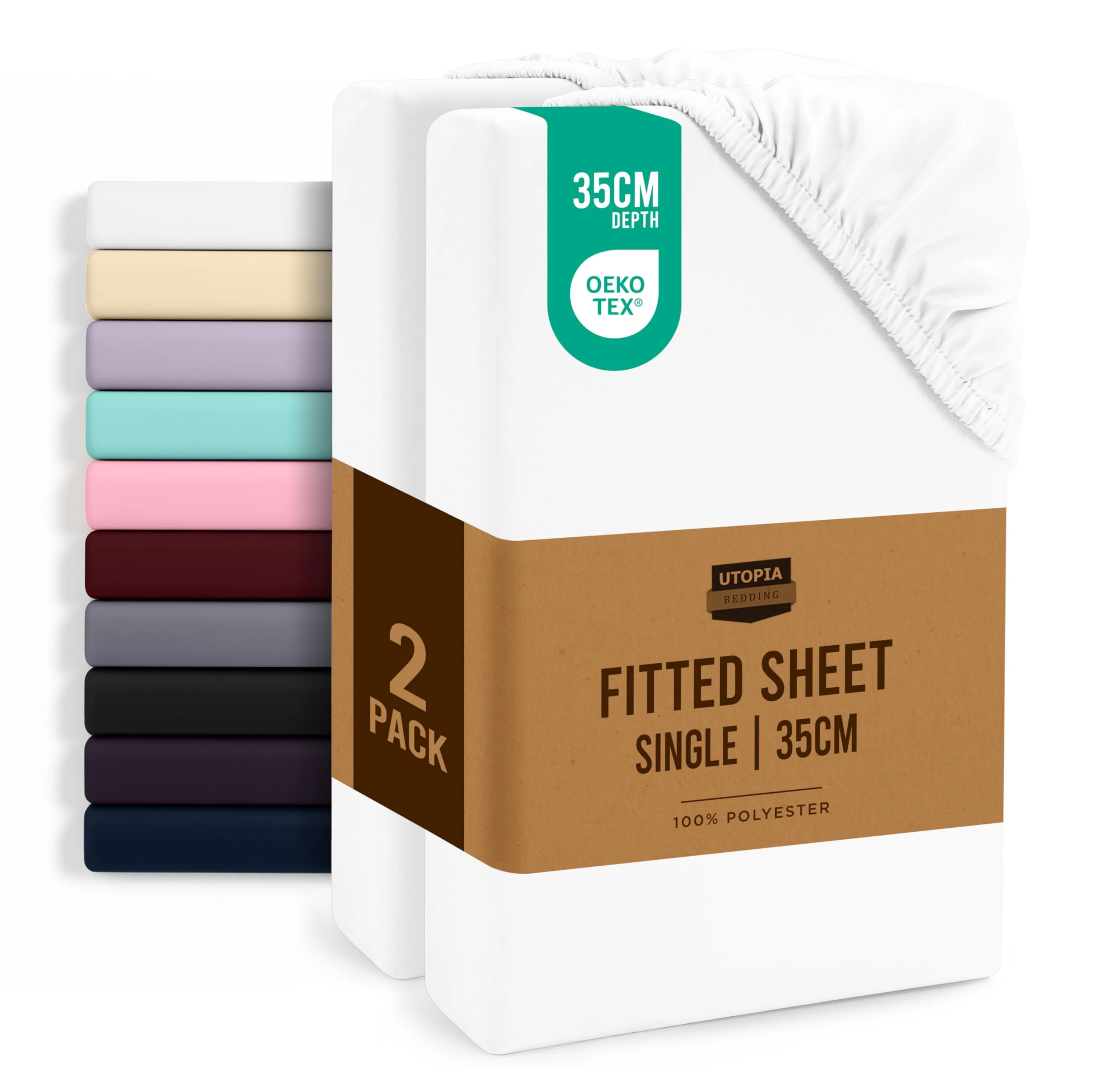Utopia Bedding Fitted Sheet Single (2 Pack), White - Deep Pocket 14 inch (35 cm) - Oeko Tex Certified - Easy Care - Soft Brushed Microfibre Fabric - Shrinkage and Fade Resistant - Bottom Sheet
