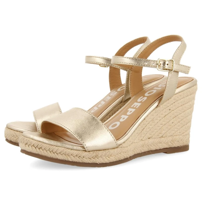 GIOSEPPO Black Leather Sandals with Jute Wedge for Women ZHEPE, Platinum, 8.5 UK