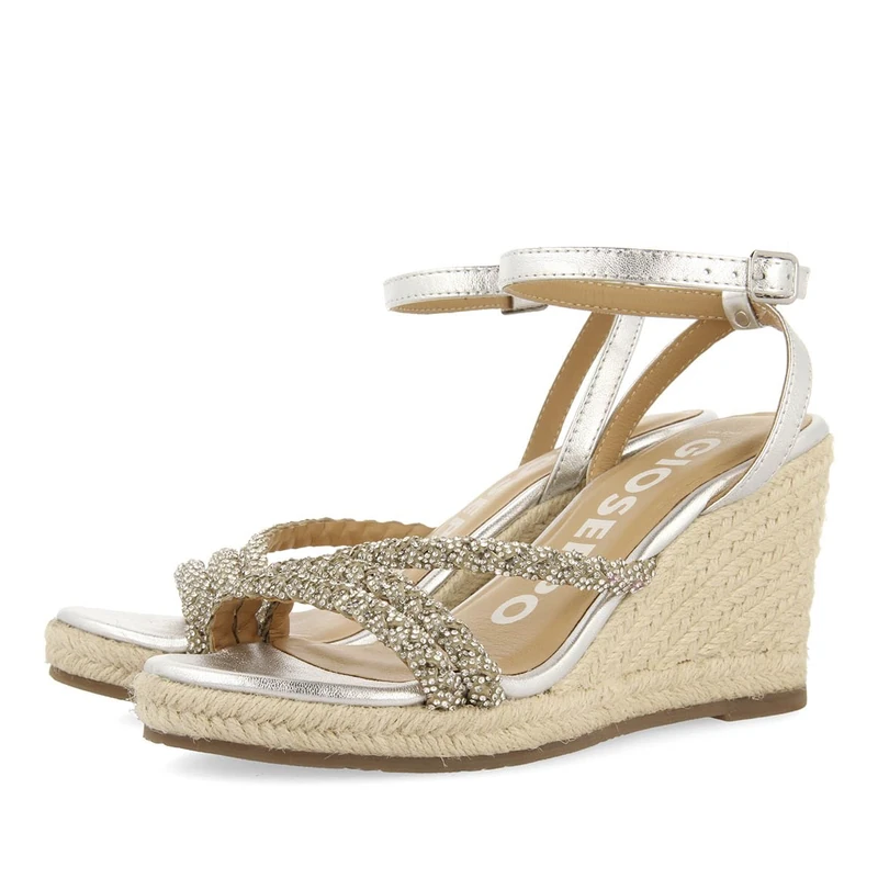 GIOSEPPO MENFI WOMEN'S FUCHSIA LEATHER SANDALS WITH STRAPS WITH PEDRERIA AND HIGH JUTE WEDGE, metallic silver, 8 UK