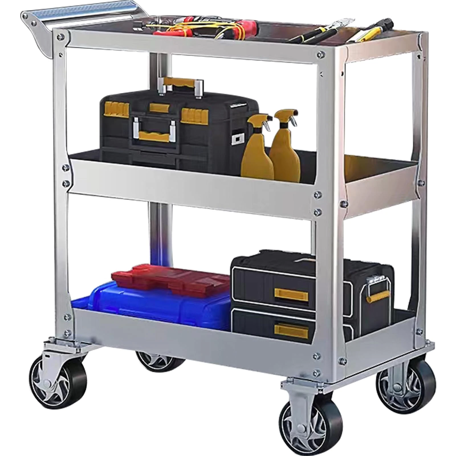 3-Tier Stainless Steel Utility Cart, 1100 lbs Heavy Duty Service Cart with Wheels, Rolling Tool Cart on Wheels, Work Cart for Mechanic, Garage, Workshop, Warehouse, 18.1" D x 30.7" W x 36.2" H