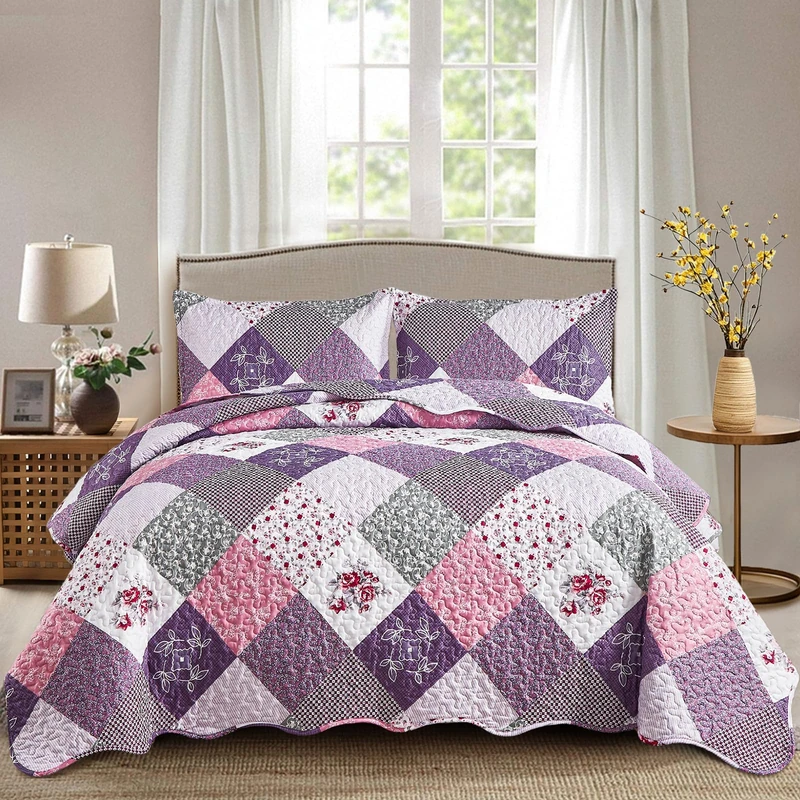 Dinjoy Purple Quilt Set California King Size, Reversible Floral Plaid Patchwork Pattern Bedding Set Soft Microfiber Lightweight Bedspread 3 Piece Summer Fall Use(110x96 inches, Cal King)