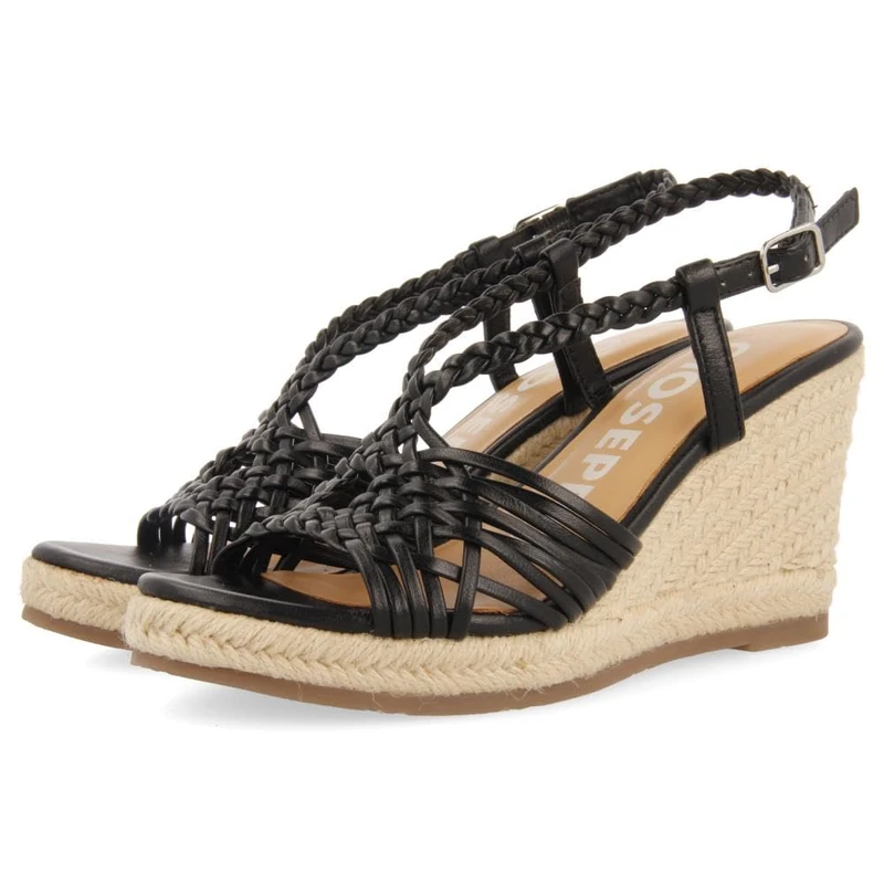 GIOSEPPO White Leather Sandals with Straps and High Jute Wedge for Women Glide, Black/White, 4 UK