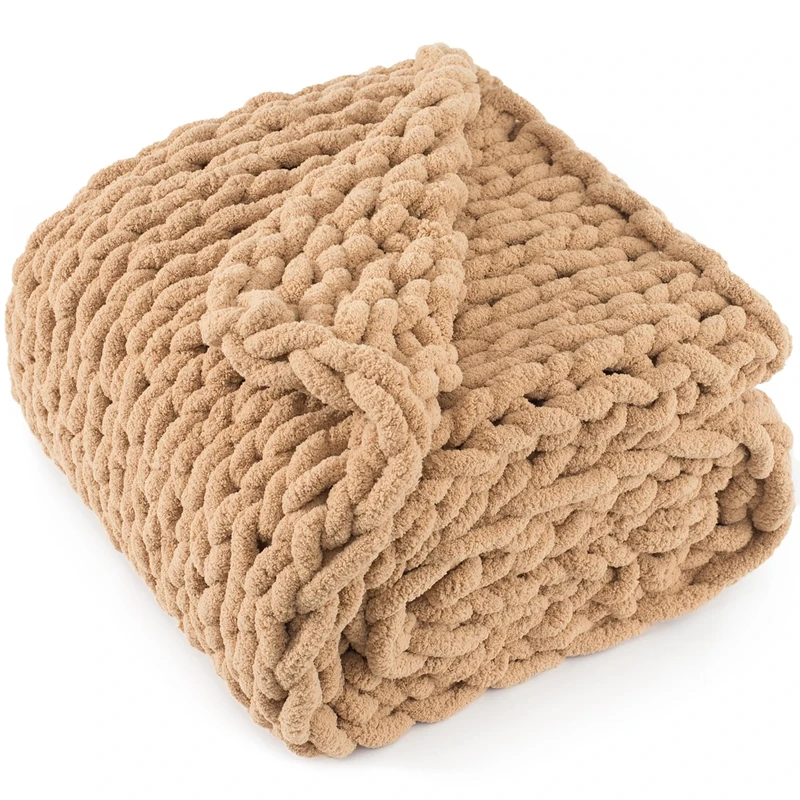 LONG CREATE Chunky Knit Throw Blanket 50"X 60", 100% Handmade with Soft Chenille Yarn, 4.4lbs Thick Cable Knitted Blankets, Large Rope Knot Crochet Throws for Couch Sofa Bed Home Decor, Tan Brown