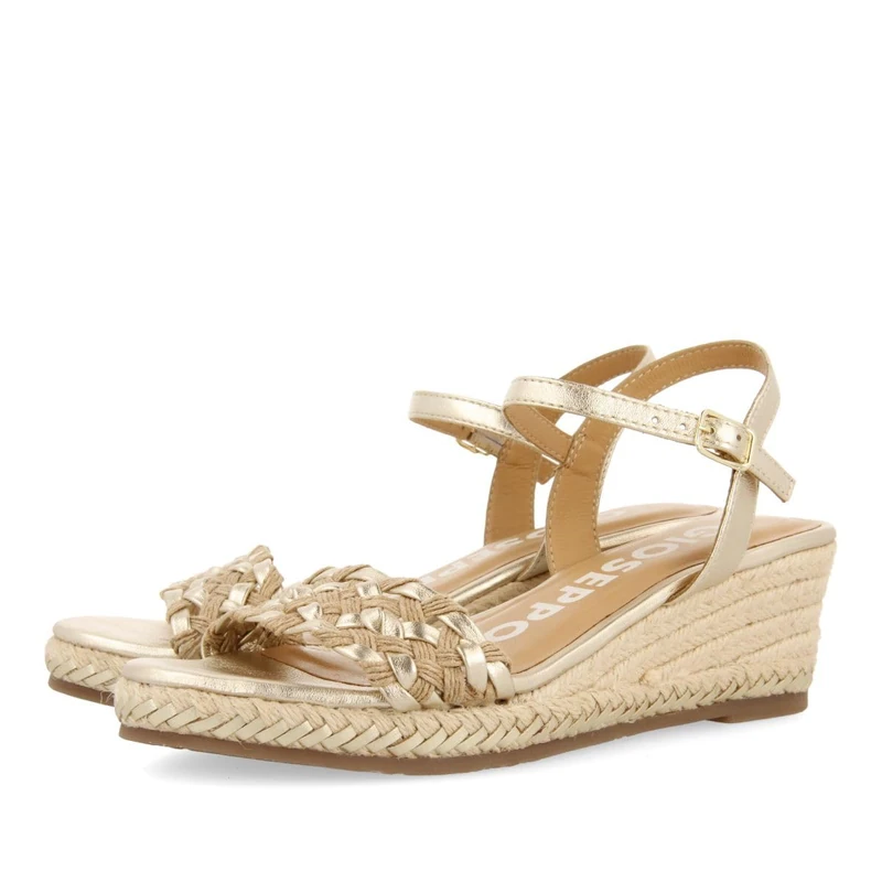 GIOSEPPO Leather Sandals with Two-Tone Braided and Jute Wedge for Women SUNOL, Dark Gold, 7 UK