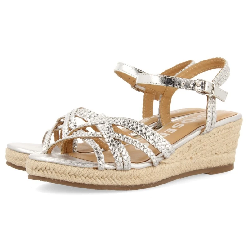 GIOSEPPO LELANT WOMEN'S GOLD LEATHER SANDALS WITH JUTE WEDGE, metallic silver, 8 UK