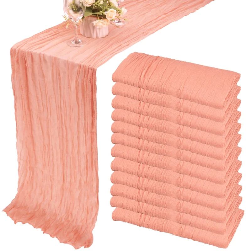 12 Pack 13Ft Cheesecloth Table Runner 35x157 Inch Boho Gauze Table Runner Cheese Cloth Long Table Runners Rustic Table Runners for Wedding Bridal Shower Birthday Party Table Decor (Peach Coral)