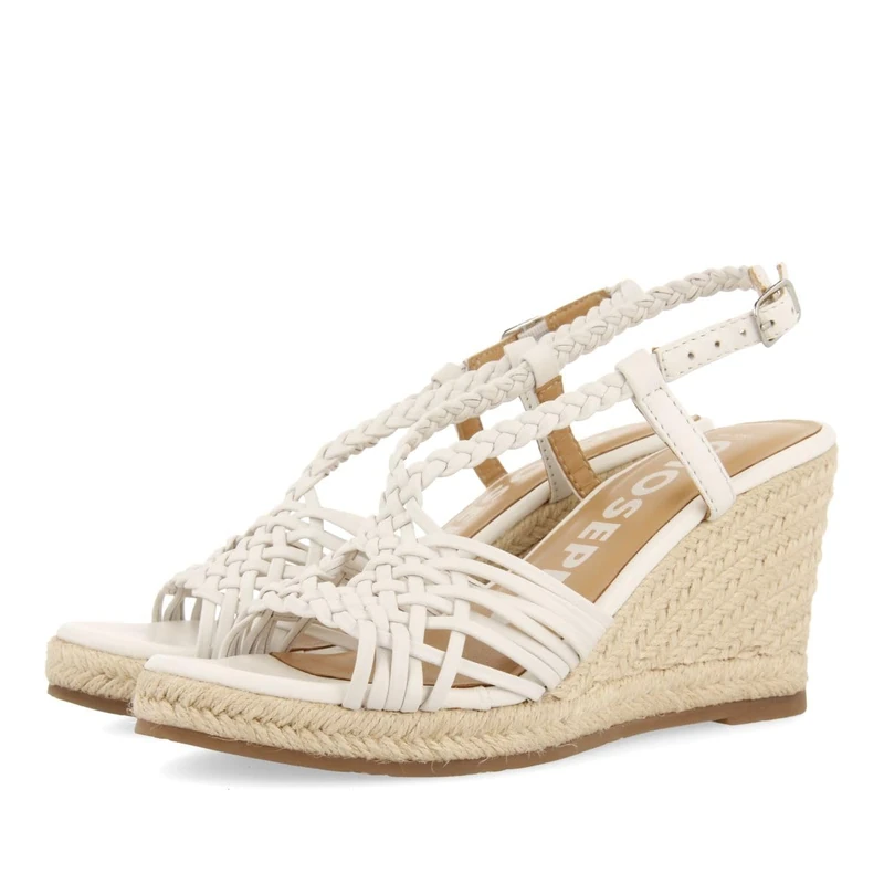 GIOSEPPO White Leather Sandals with Straps and High Jute Wedge for Women Glide, white, 8 UK