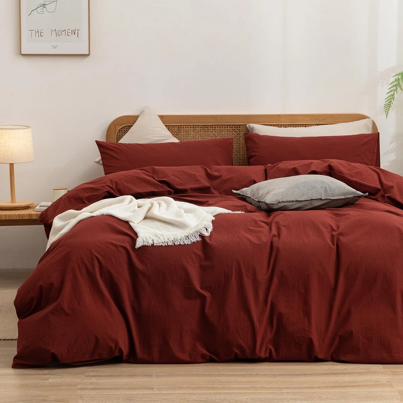 BESTOUCH Cotton Solid Duvet Cover Set Linen Feel Fired Brick Red Cal King