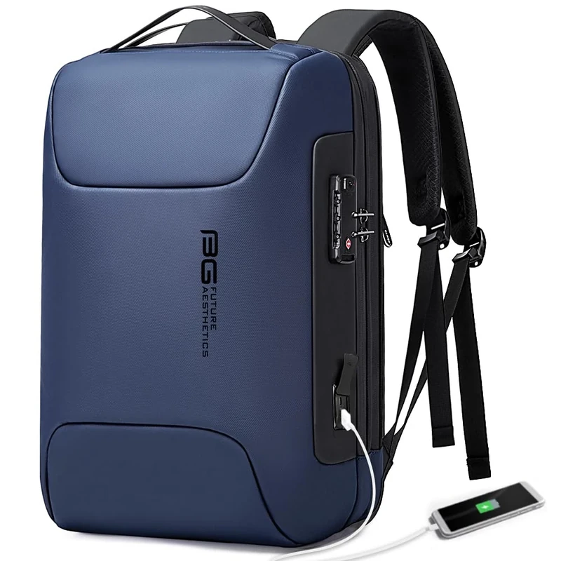 BANGE Anti Theft Backpack with USB charging Port,Lightweight Business Backpack for Men and Women, Blue, M, Laptop, (7216)