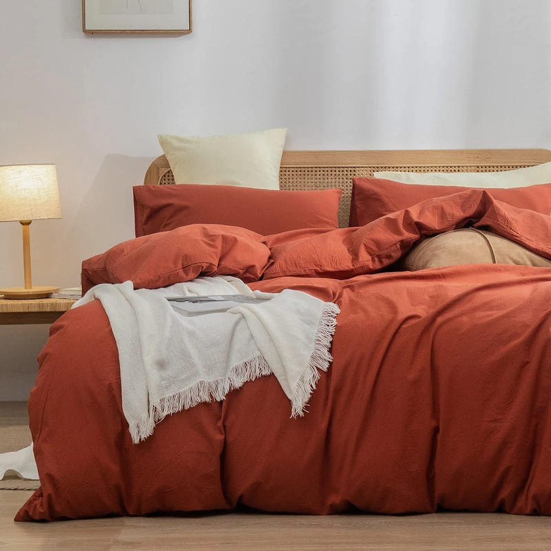 BESTOUCH Cotton Solid Duvet Cover Set Linen Feel Burnt Brick Red Cal King