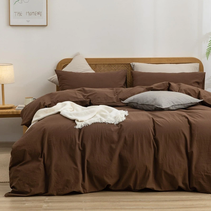BESTOUCH Cotton Solid Duvet Cover Set Linen Feel Cocoa Brown Cal King