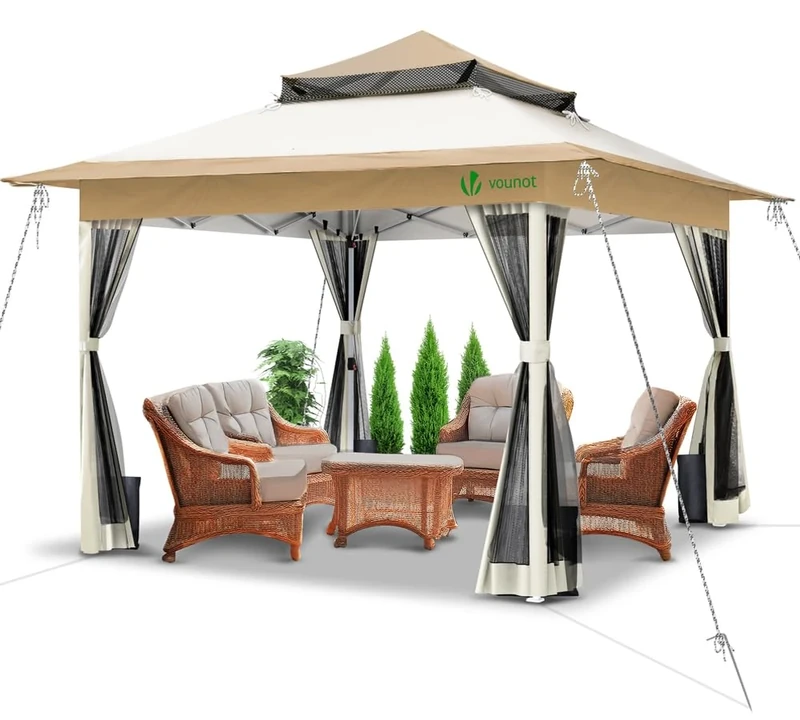 VOUNOT 3.6m x 3.6m Pop Up Gazebo with Mesh Sides, Garden Double Roof Marquee Party Tent with Leg Weights & Roller Bag, Beige