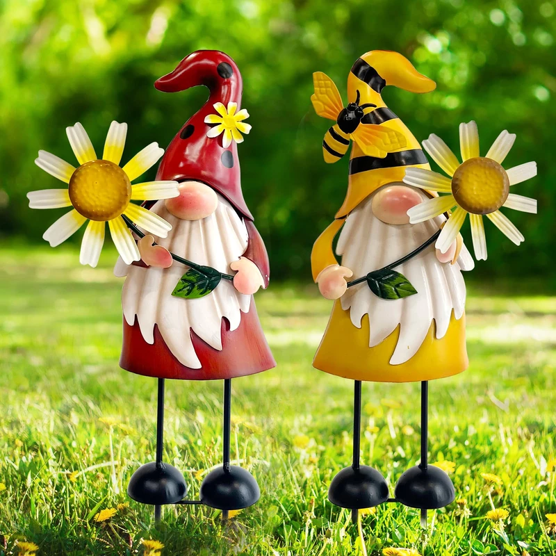 HONGLAND Metal Gnome Yard Art - Metal Gnome Statue -Outdoor Garden Gnome Decorations - Bee and Ladybug Art Sculpture- Christmas Holiday Lawn Patio Yard Garden Decor (Set of 2)
