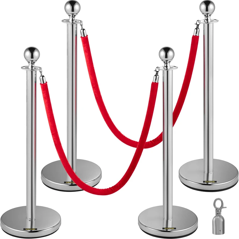 VEVOR 4PCS Stainless Steel Stanchion Posts Queue, Red Velvet Ropes Silver 38In Rope Barriers Queue Line Crowd Control Barriers for Party Supplies