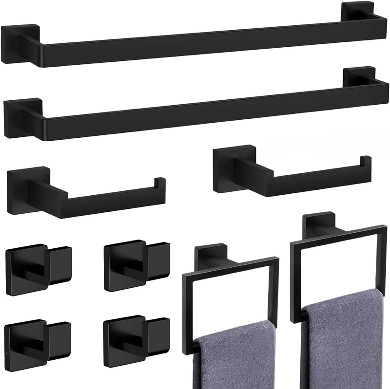 PAHSFS 10-Piece Matte Black Bathroom Accessories Set, Stainless Steel Towel Racks, Wall Mounted 23.6 Inch Towel Bar Set