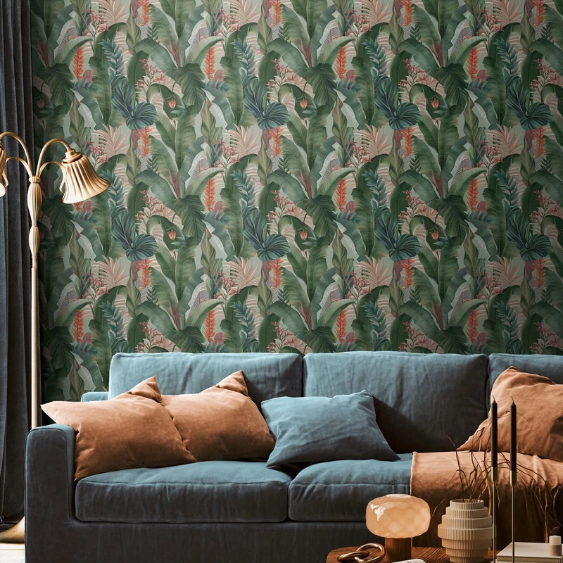 Livingwalls 394353 Non-Woven Wallpaper Jungle Green Pink - Wallpaper Living Room Bedroom - Jungle Leaves Wallpaper - 10.05 m x 0.53 m for 5.33 m² - Made in Germany
