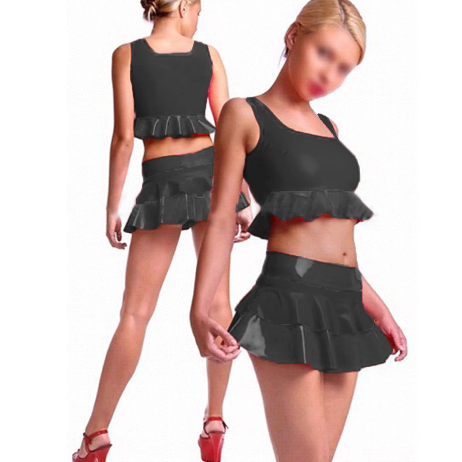 Sleeveless Tee Top And Pleated Skirt Matching Two Piece PVC Crop Top With Mini Skirt,Black,XXXL