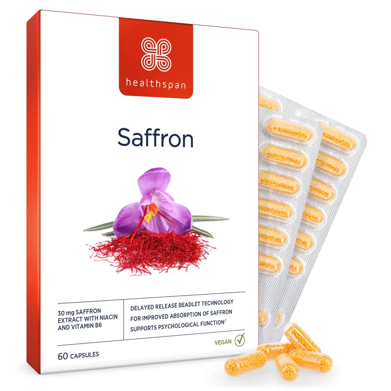 Healthspan 30mg Saffron Mood Support (60 Capsules) | Positive Mood & Emotional Balance | Supports Relaxation | Niacin & Vitamin B6 to Reduce Tiredness & Support Normal Psychological Function | Vegan