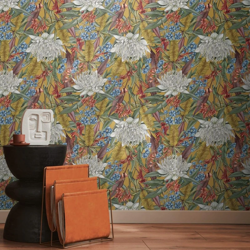 Livingwalls Flower Wallpaper Yellow Colourful Wallpaper Living Room Bedroom 394284 - Non-Woven Wallpaper Jungle - 10.05 m x 0.53 m for 5.33 m² - Made in Germany
