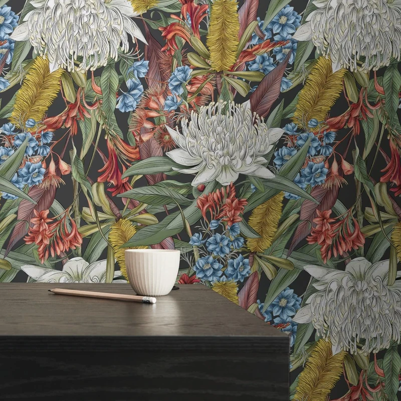 Livingwalls Flower Wallpaper Colourful Black - Wallpaper Living Room Bedroom 394282 - Non-Woven Wallpaper Jungle - 10.05 m x 0.53 m for 5.33 m² - Made in Germany