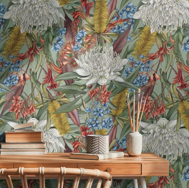 Flower Wallpaper Green Colourful Wallpaper Living Room Bedroom 394281 - Non-Woven Wallpaper Jungle - 10.05 m x 0.53 m for 5.33 m² - Made in Germany