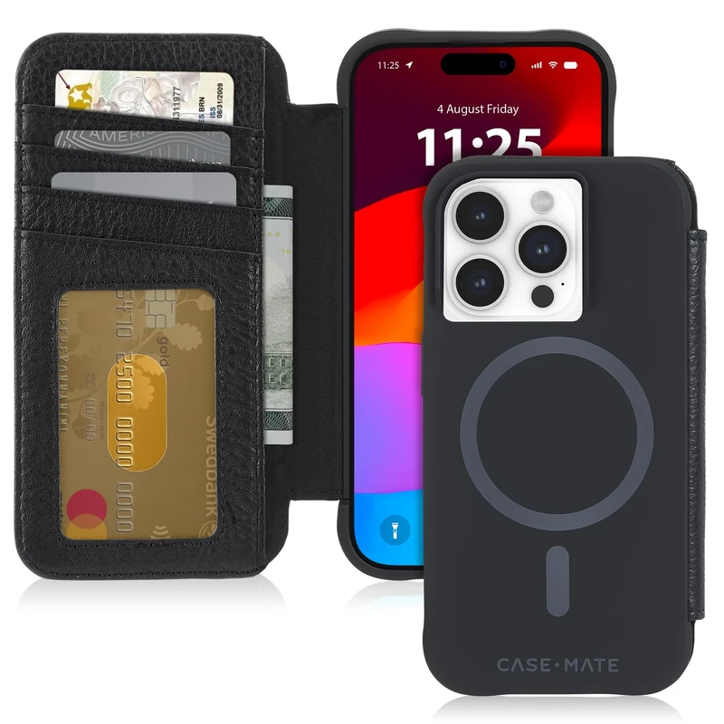 Case-Mate Wallet Folio iPhone 15 Pro Case - Black [12ft Drop Protection] [Compatible with MagSafe] Magnetic Flip Folio Cover Made with Genuine Pebbled Leather, Landscape Stand, Cash, and Card Holder