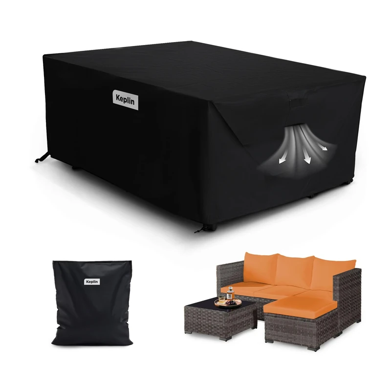KEPLIN Waterproof Outdoor Furniture Cover - UV, Tear, Fade Resistant, 600D Oxford Fabric, PVC Coating, Air Vent, Attachment Straps & Storage Bag Included for Garden Table & Chairs (200x200x90cm) - Image 1