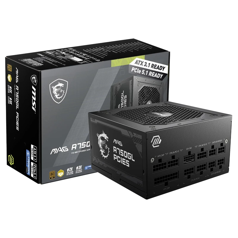 MSI MAG 750W Power Supply 80 Plus Gold - -Native 16 pin Connector Design - -Full Modular Design - 7 Year Warranty -Industrial Level Protection with OVP,OCP,OPP,OTP, SCP, UVP [MAG A750GL PCIE5]