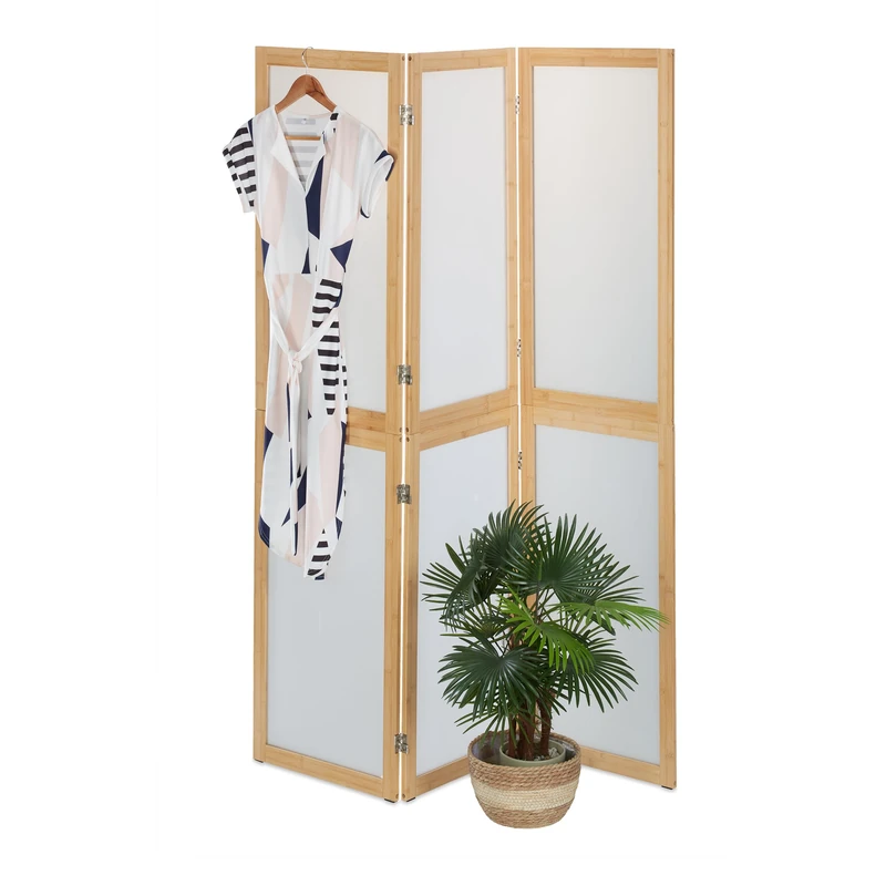 Relaxdays Folding Screen, 3 Panels, Room Divider, HxW: 180 x 136.5 cm, Partition Wall, Plastic & Bamboo, Natural/White