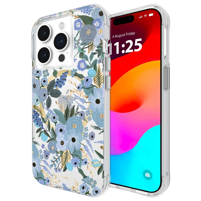Rifle Paper Co. iPhone 15 Pro Case [Compatible with MagSafe] [12ft Drop Protection] Cute iPhone Case 6.1" with Floral Pattern, Anti-Scratch Tech, Shockproof Material, Slim Fit - Garden Party Blue