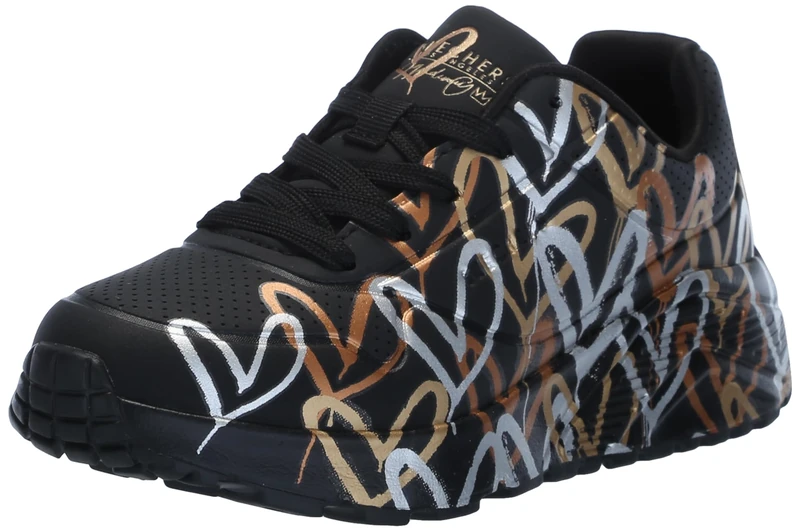 Skechers Girl's Uno Lite Metallic Love Sneakers, Black Pu/Gold Trim, 2.5 UK Child
